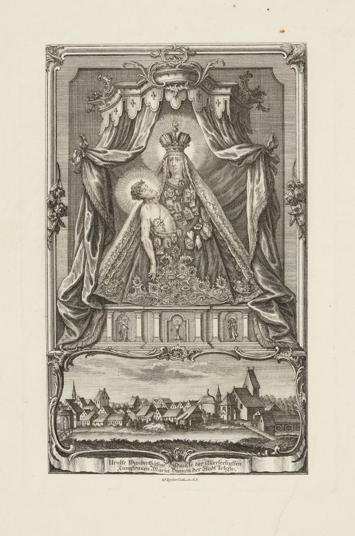 Telgte. Gnadenbild und Triumphbogen. 2 Blatt Kupferstiche von Klauber nach Schlaun. etc. / dazu: Porträtstich Christoph Bernhard von Galen + Dokumentationsmaterial.