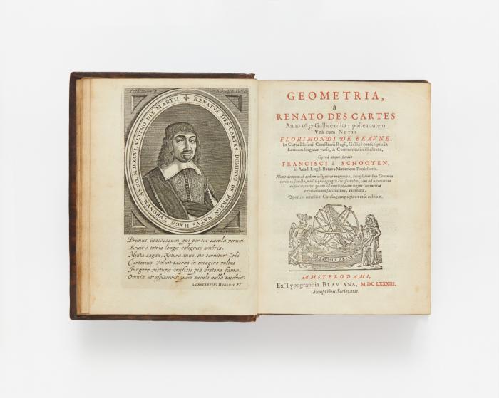 Geometria anno 1637 Gallicè edita; postea autem unà cum notis Florimondi de Beaune ... opera atque studio Francisci à Schooten / Principia matheseos universalis, seu introductio ad geometriae methodum conscripta ab Er. Bartholino, Casp. Fil. Editio tertia, priore correctior. 2 in 1 Bd.