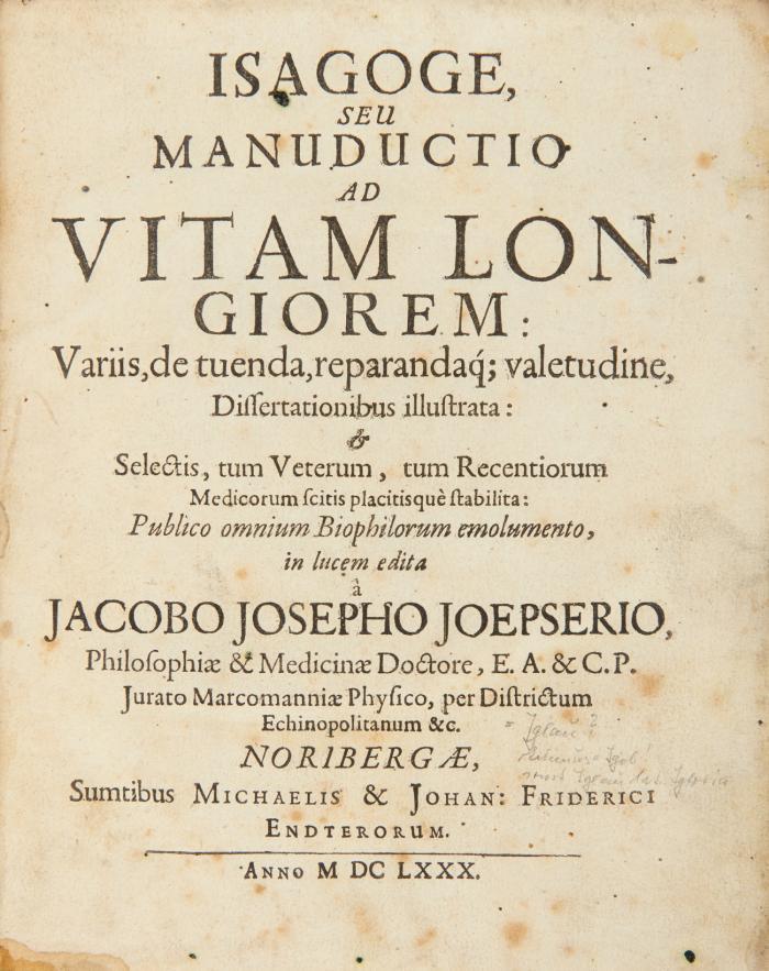 Isagoge, seu manuductio ad vitam longiorem: Variis, de tuenda, reparandaq[ue]; valetudine, dissertationibus illustrata:  & selectis, tum veterum, tum recentiorum medicorum scitis placitisque stabilita ...Beiliegen: 1) Baldinger, E. G.: Sylloge selectiorum opusculorum argumenti medico-practici. Vol. III (von 6). Mit gest. Titelvign. 8 Bll., 392 SS. HLdr. mit Rs. - 2) Krüger, M. S.: Scripta Medico-chirurgica selecta. Handbuch der Literatur für die praktische Medicin und Chirurgie ... zum Gebrauch für praktische Aerzte. Berlin: Richter und Wien: Gerold 1842. 3 Bll., X, 662 SS. Ln. mit Rs.