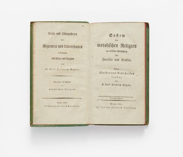 System der moralischen Religion zur endlichen Beruhigung für Zweifler und Denker. Allen Christen und Nichtchristen lesbar. (Band 3 mit dem zusätzlichen Titel:) Rechte und Obliegenheiten der Regenten und Unterthanen in Beziehung auf Staat und Religion. 3 Bde.