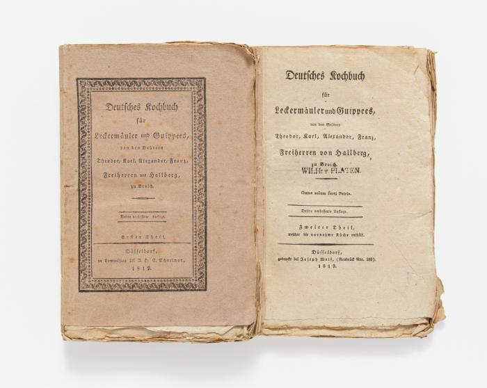 Deutsches Kochbuch für Leckermäuler und Guippees. Dritte verbesserte Auflage. 2 Teile in 2 Bden. Düsseldorf: gedruckt bei J. Wolf (Umschlag: Commission bei J. H. C. Schreiner) 1819.
