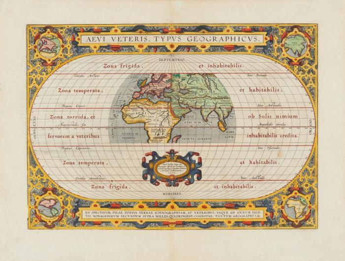 Weltkarte (Antike). Aevi Veteris, Typus Geographicus, 1590, in den vier Ecken Miniaturkarten der Erdteile.