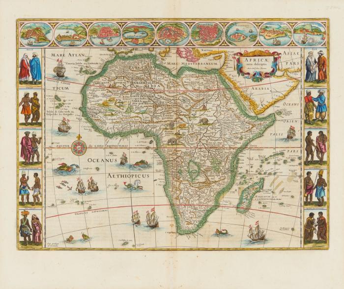 Afrika. Africae nova descriptio, mit Windrose und reicher Schiffsstaffage, in 10 seitlichen Randdarstellungen Eingeborenenpaare, in der obere Randleiste 9 Stadtansichten von Tanger, Algier, Alexandria, Tunis u.a.