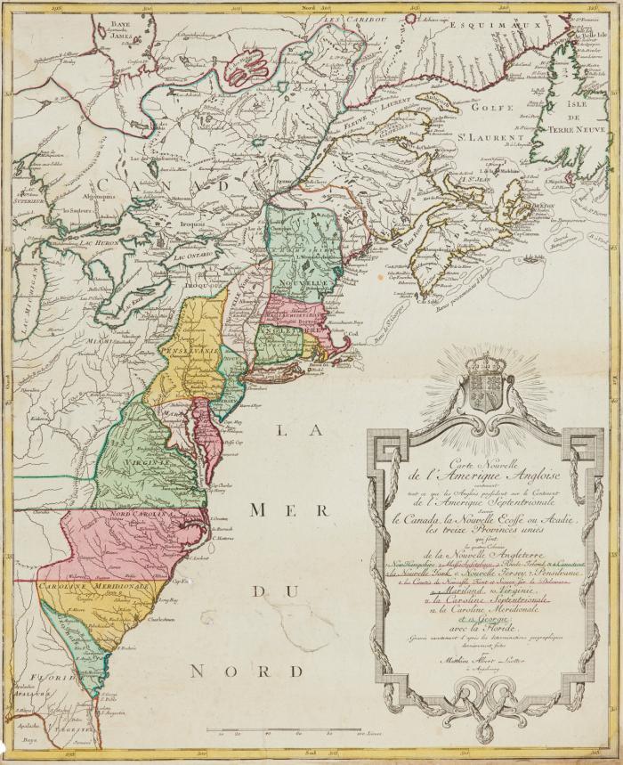 Carte nouvelle de l'Amerique Angloise ... mit den von den Engländern beherrschten nördlichen Staaten Kanada, Neuschottland und den 13 vereinten Provinzen, mit Legende. / A map of the Provinces of New-York and New-Jersey, mit Teilen von Pennsylvania und der provinz Quebec, nach C. J. Sauthier.