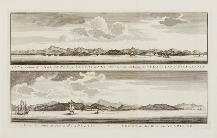 Mittelamerika. – Mexiko / Panama. Plan du Havre de Chequetan ou Seguetaneo (Zihuatanejo) / Vue de l'Entrée de Chequetan ou Seguataneo / Vue de l'Entrée du Port d'Acapulco / Plan de l'Extrèmité Orientale de l'Ilse de Quibo (Isla de Cioba, Panama) / Baye et Rochers de Petaplan (Panama).