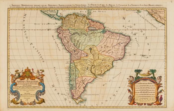 Südamerika. L'Amerique Meridionale divisée en ses principales Parties ou sont distingués le uns des autres Les Estats suivant quils appartiennent présentement aux François, Castillans, Portugais, Hollandois, &c., mit zwei figürlichen Kartuschen.