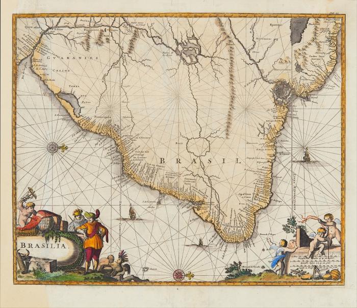 Südamerika / Brasilien. - Brasilia, Gesamtkarte / Seekarte mit figürlicher Titelkartusche und Meilenanzeiger.