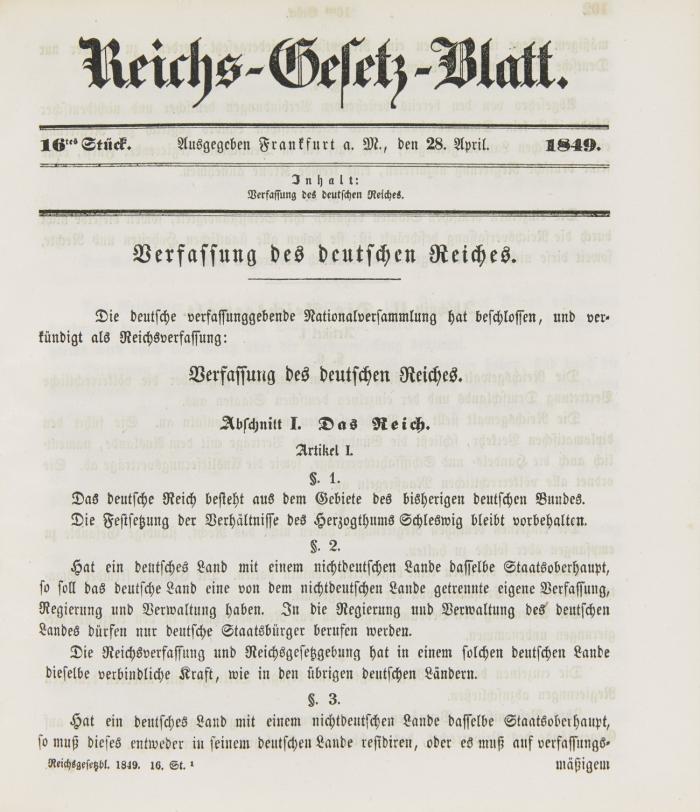 Reichs-Gesetz-Blatt. 1. Stück, 29.9.1848 - 18. Stück, 7.6.1849 (alles Erschienene). Dazu: 1 Bl. „Bekanntmachung