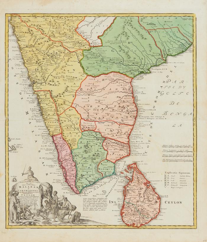 Indien / Sri Lanka. Peninsula Indiae, extra Gangem hoc est, Orae celeberrimae Malabar & Coromandel Cum Adjacente Insula non minus celebratissima Ceylon, der indische Subkontinent südlich des Ganges, mit Sir Lanka.