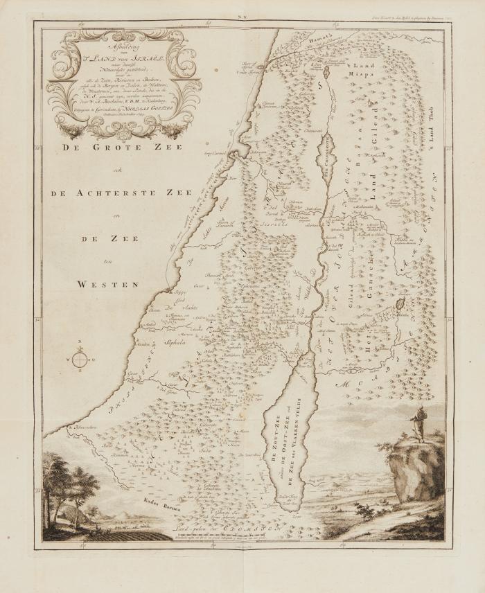 Heiliges Land. - 'T Beloofde-Landt Canaan, mit Kreuzigungsszene und figürlicher Staffage. / Afbeelding van 't land van Israel, naar deszelfs natuurlyke gesteltheid, mit Kartusche und 2 figürlichen Randszenen.