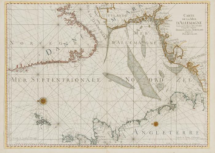 Nordsee. - Carte de la Mer d'Allemagne Contenant les Bancs Isles et Costes Comprises depuis Bergen et les Isles Schetland jusques au Pas de Calais, See- und Küstenkarte mit der Südküste Norwegens, der britischen Ostküste, der niederländischen, deutschen und jütländischen Nordseeküste.