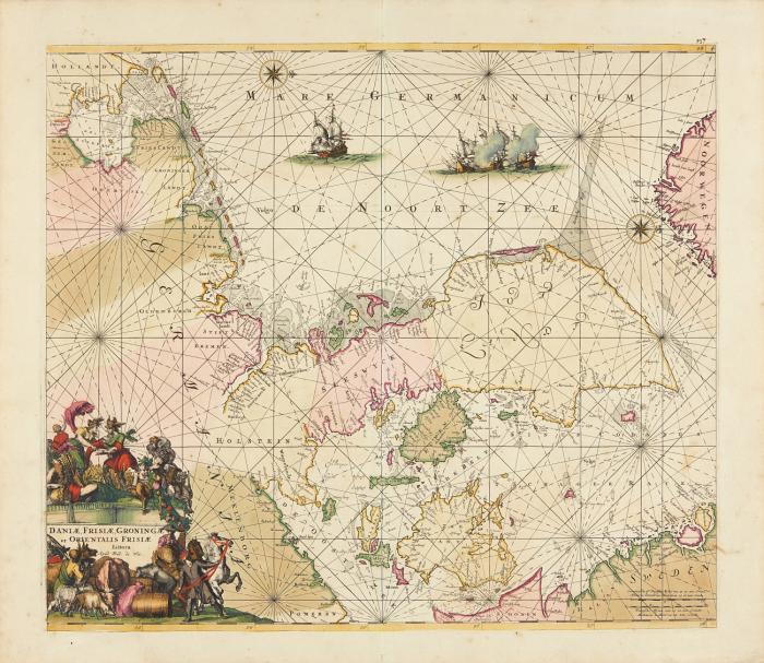 Dänemark/Nordsee, Kattegat und Skagerak. Daniae, Frisiae, Groningae et Orientalis Frisiae Littora, Küstenkarten mit Dänemark, der Nordseeküste bis Texel, der Südwestküste Schwedens und der Südspitze Norwegens.