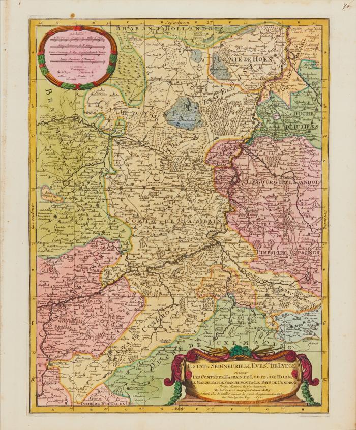 Lüttich. Estat et Seigneurie de L'Eves.che de Lyege ou sont Les Comtés de Hasbain, de Lootz, et de Horn, le Marchisat de Franchimont, et Le Pays de Condroz, mit der Maas von Namur bis Roermond und Lüttich als zentralem Ort.