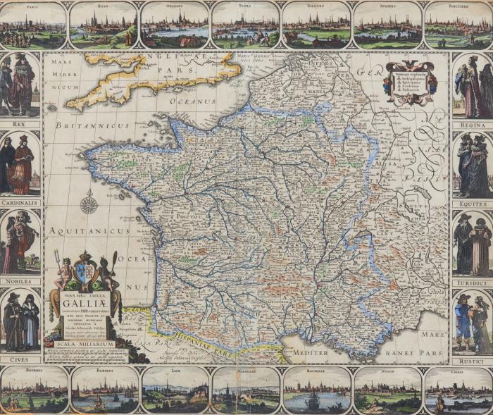 Frankreich. - Nova Haec Tabula Galliae Lodovico XIIII Christianissimo..., mit Bordüren mit Kostümdarstellungen sowie Stadtansichten, u.a. von Paris, Rouen, Orleans und Marseille.