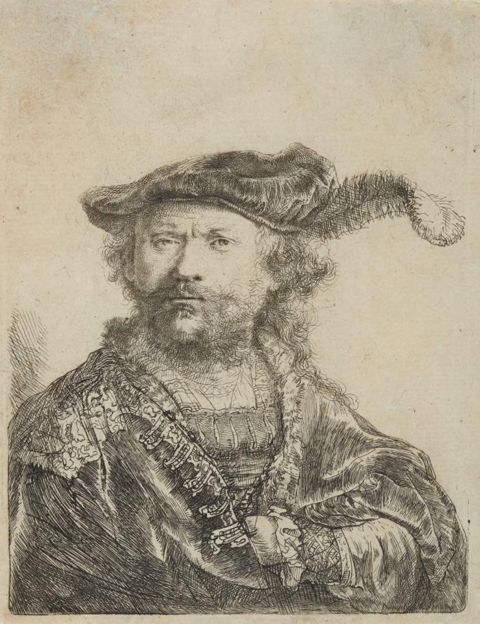 Selbstbildnis mit federgeschmücktem Barett. 1638. Radierung auf feinstrukturiertem Bütten.