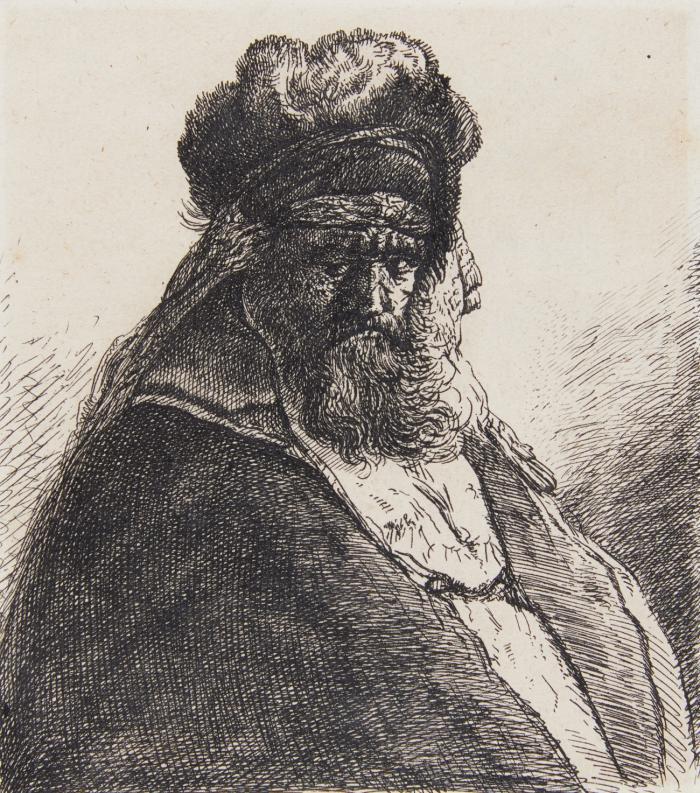 Niederblickender Greis in hoher Fellmütze.