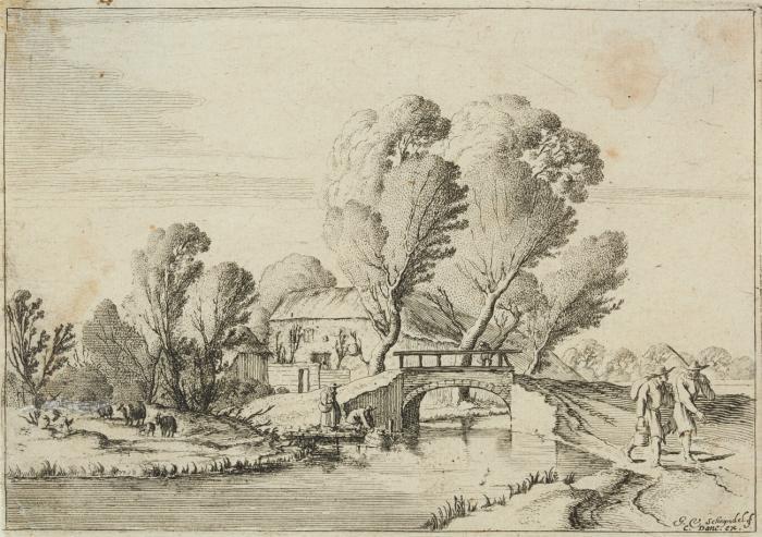 Landschaft mit Wanderern rechts von einem Kanal mit Brücke bei einem Bauernhaus.