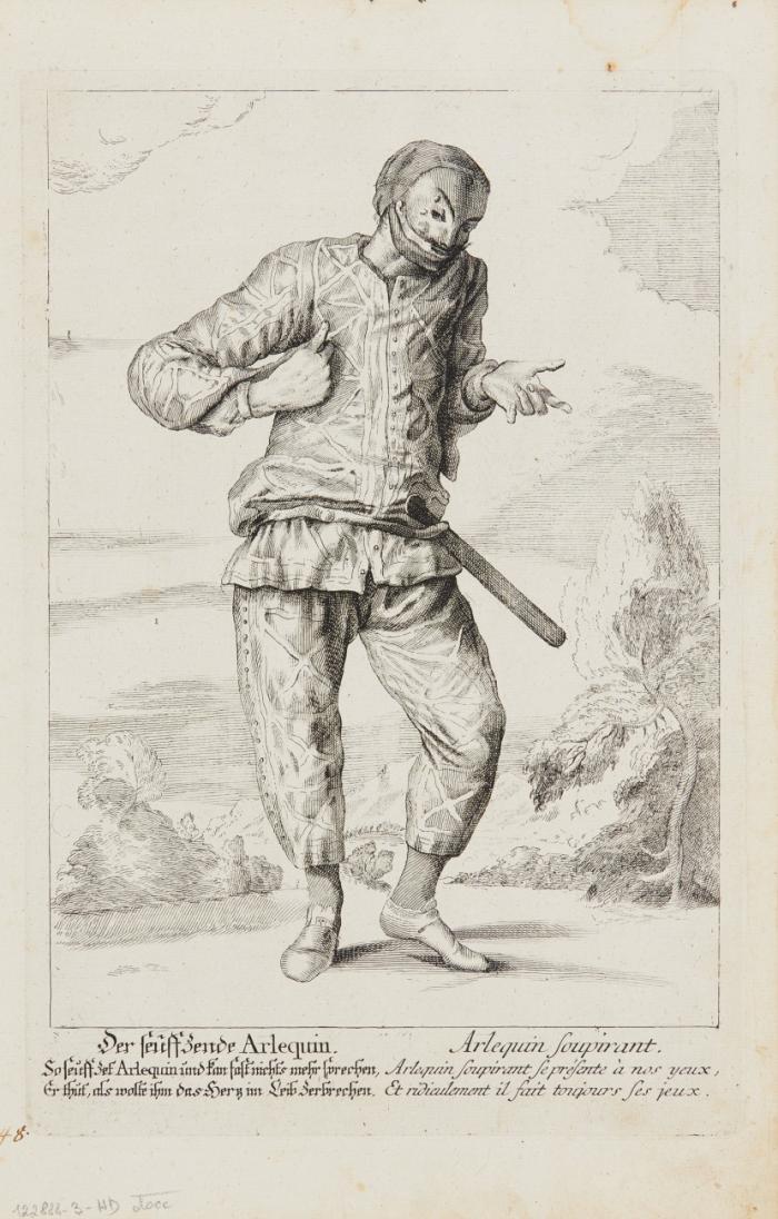Commedia dell'arte. Der Scaramuz / Der seuffzende Arlequin / Arlequin, ein Vielfraß / Der weinende Arlequin / Der Mezzetin / Der Reverenz des Arlequins.