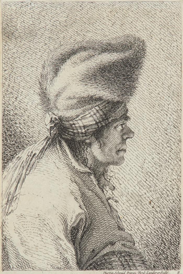 Brustbild eines Mannes im Profil. Um 1760. / Felsige Bachlandschaft mit Hirten und Vieh, im Hintergrund Anhöhe mit Gebäude / Felsige Landschaft mit Hirten und ihren Herden / Felsige Landschaft mit Hirten und ihren Viehherden, im Hintergrund Gewässer mit Ortschaft / Felsige Bachlandschaft mit Reisenden und rastenden Bauern mit Vieh. Um 1770.