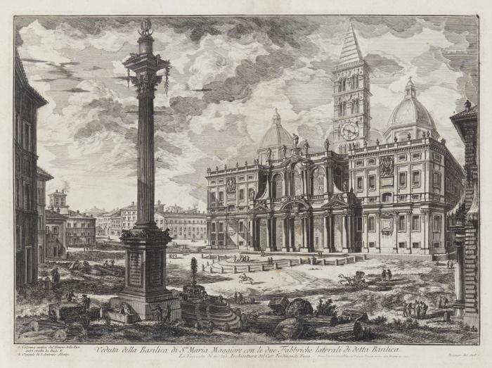Veduta della Basilica di S.ta Maria Maggiore con le due Fabbriche laterali di detta Basilica (Santa Maria Maggiore mit dem Platz und der Säule aus der Maxentiusbasilika im Vordergrund).