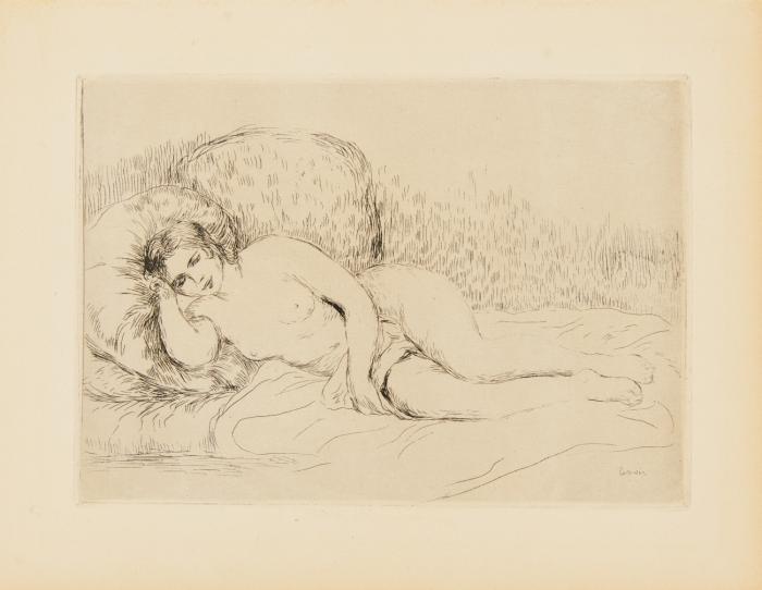 Femme nue couchée, tournée à gauche.
