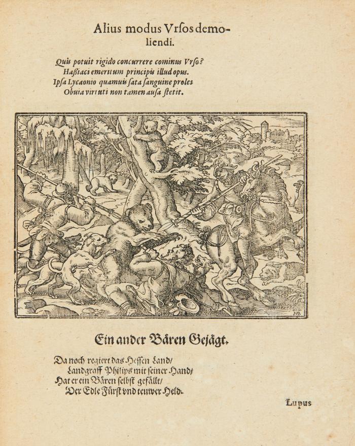 Künstliche/ wolgerissene new Figuren, von allerlai Jagt vnd Weidwerck ... Darzu mit artlichen lateinischen Versen/ vnd wolgestelten teutschen Reimen erkläret/ vnd gezieret [von Joh. Adam Lonicer]..