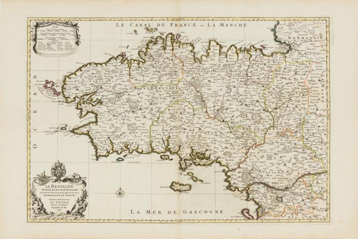 Frankreich / Bretagne. - La Bretagne divisée en ses neuf eveschés ... / Gouvernement Général de Bretagne, jeweils mit Legenden und figürlich-allegorischen Kartuschen.