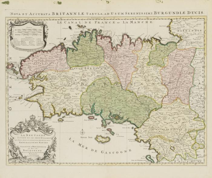 Frankreich / Bretagne. - La Bretagne diviseé en ses neuf eveschés qui font aussi l'estendue des receptes de la generalité de Nantes, Bretagne mit Teilen der Normandie und des Poitou, figürlicher Kartusche sowie Meilenanzeiger mit Legende.
