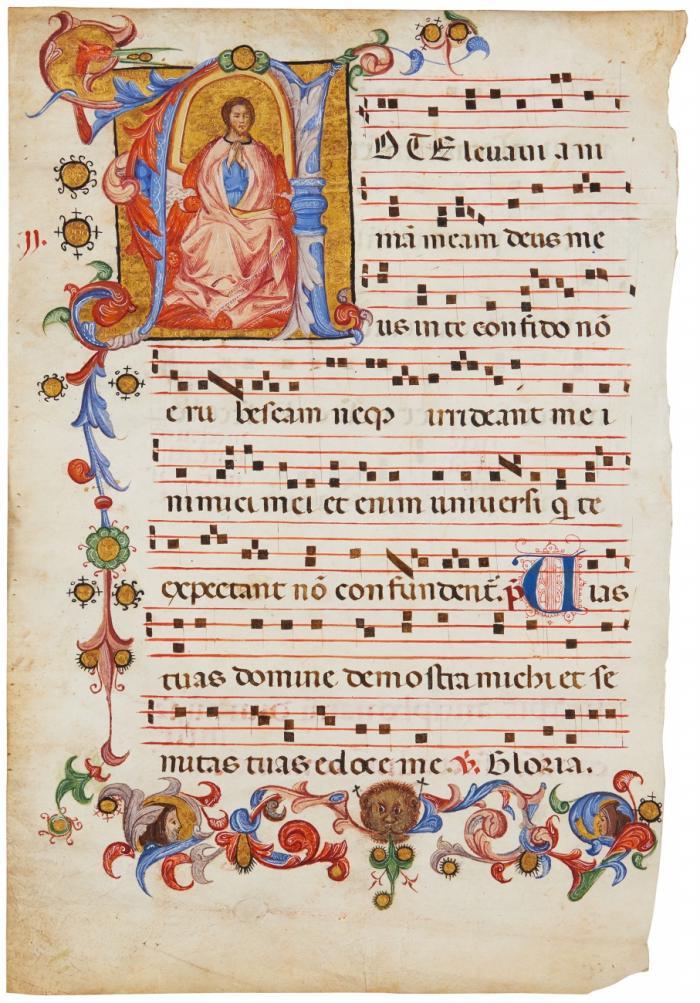 Christus in der Glorie. Historisierte Initiale A auf einem Einzelblatt aus einem Graduale auf Pergament, zugeschrieben Benedetto di Bindo. Siena, 1410-1417.
