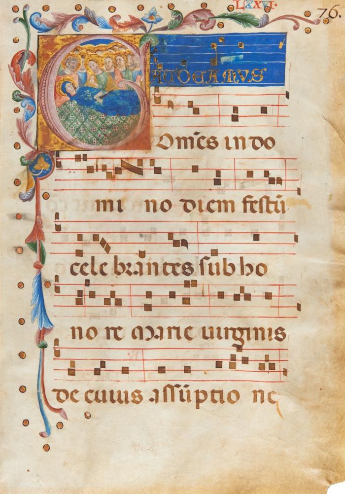 Entschlafung Mariä. Historisierte Initiale G auf einem Einzelblatt aus einem Graduale auf Pergament. Perugia, 1450-1470.