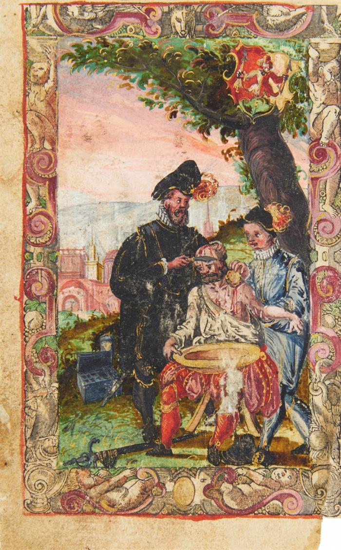 Stammbuch. - 2 Einzelblätter aus einem Stammbuch für Balthasar Scheffershammer, 1584-1585. - 1 Beilage.