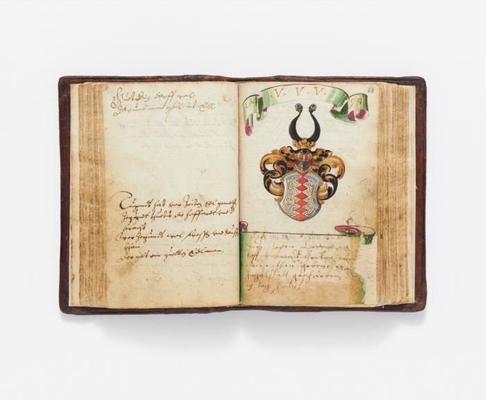 Stammbuch des Studenten Thomas Rorarius (Rorer?) aus Lauingen. Ingolstadt 1598. - Weiterverwendet bis 1675 als Notizbuch für deutsche Spruchweisheiten.