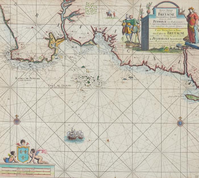 Frankreich / Bretagne. - Nieuwe pascaart van een gedeelte van Bretagne ..., Seekarte mit den Sandbänken vor der Küste, Schiffsstaffage, figürlicher Kartusche und Meilenzeiger.