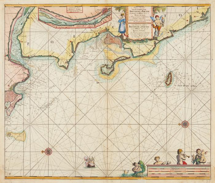 Frankreich / Bretagne. - Nieuwe Pascaart van de zeekusten van Bretangne en Poictou ... Seekarte mit der Küste von Saint-Nazaire bis Olonne-sur-Mer sowie vorgelagerten Inseln und Insetkarte der Loire mit Nantes, Schiffs- und Figurenstaffage.