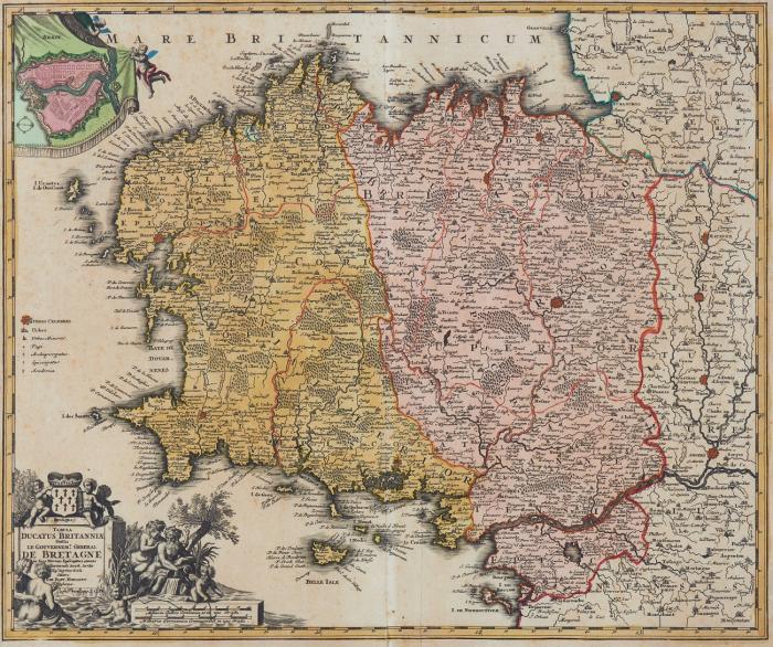 Frankreich / Bretagne. -  Duche de Bretaigne, mit figürlicher Kartusche und Wappen. / Tabula Ducatus Britanniae Gallis le Gouvernemt General De Bretagne, mit figürlich-allegorischer Kartusche und Plan von Brest.