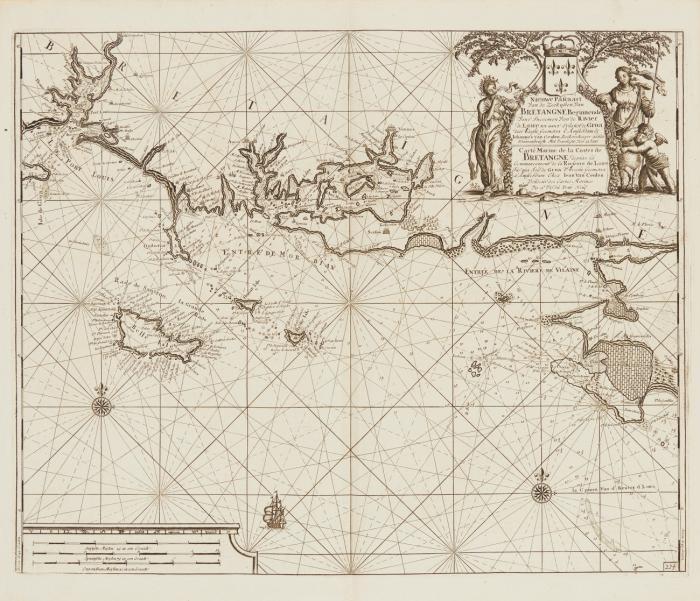 Frankreich / Bretagne. - Nieuwe Pascaart Van de Zeekusten Van Bretagne Beginnende Van t' Incoomen Van de Rivier de Loire tot aan t' Eylandt de Groa door Vooght Geometra, Seekarte mit Küste von der Insel Groix bis La Baule-Escoublac sowie vorgelagerten Inseln, Figuren- und Schiffsstaffage.