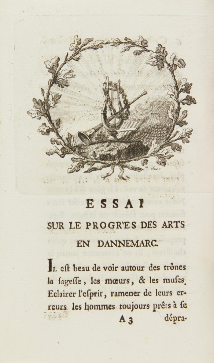 Essai historique sur les arts et sur leur progrès en Dannemarc. Publié à l'occasion du Sallon de l'Académie Royale de Charlottenbourg.