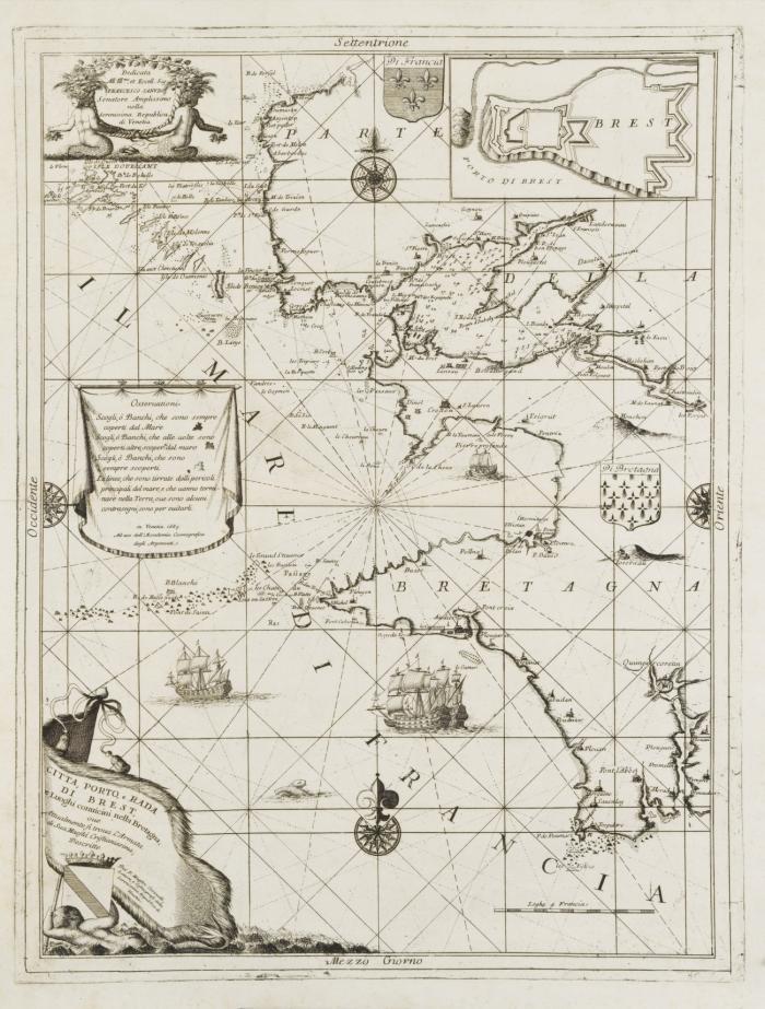 Frankreich / Bretagne. - Brest. - Citta, Porto, e Rada di Brest, e Luoghi convicini nella Bretagna, Küstenkarte des Küstenverlaufs bei Brest, mit Kartuschen, kleinem Plan und Wappen.