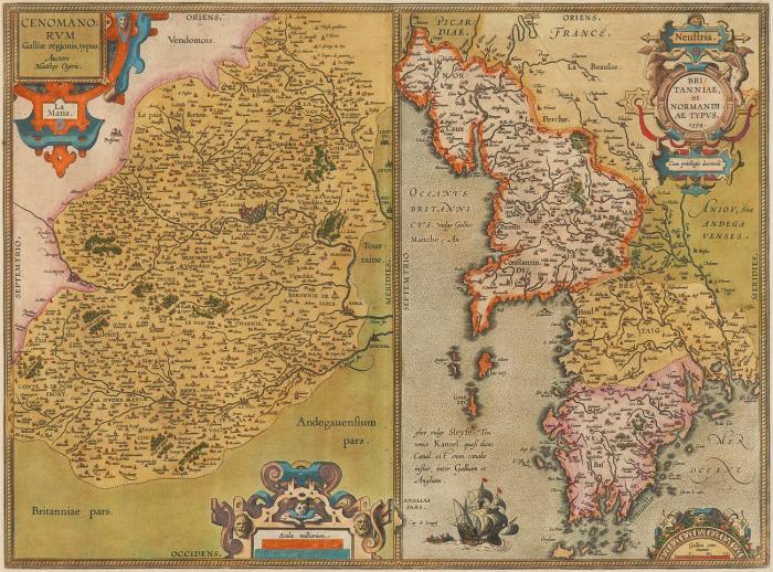 Maine / Normandie / Bretagne. - Cenomanorum Galliae regionis typus / Neustria Britanniae et Normandiae typus, Maine mit Le Mans im Zentrum Bretagne und Normandie, jeweils mit Kartusche, Meilenanzeiger und Staffage.