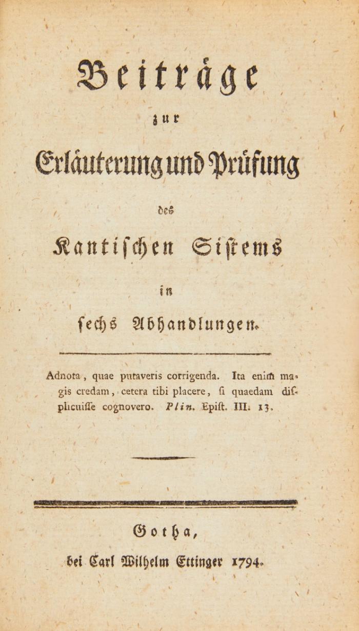 Die Kathegorien des Aristoteles. Mit Anmerkungen erläutert und als Propädeutik zu einer neuen Theorie des Denkens dargestellt. + (Primavesi, Karl Ludwig oder Heinrich Wilhelm Gerstenberg): Beiträge zur Erläuterung und Prüfung des Kantischen Sistems in sechs Abhandlungen. (Hrsg. von F. N. Baur.). Gotha: Ettinger 1794.