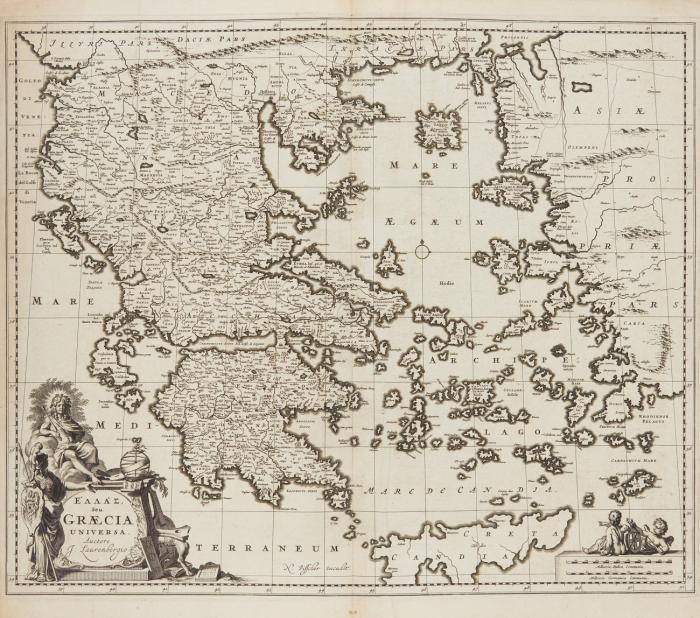Griechenland. – 4 Kupferstichkarten des 17./18. Jahrhunderts. Plattengröße von 38,5 x 49 cm bis 50,5 x 59 cm.
1.) Hellas, seu Graecia universa, von J.W.  Lauremberg, bei Nicolaes Visscher / 2. ) Exactissima totius Archipelagi nec non Tabula ..., bei N. Visscher / 3.) Regni Hungariae, Graeciae et Morae ... von Justus Danckerts / 4.) De Landen van 't Romeinsche Gebied ... bei Nicolaas Goetzee, 1750.