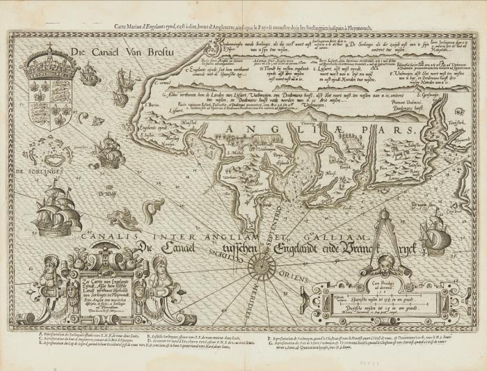Großbritannien. Zee Carte van Engelants Eyndt, Alsoe hem tselfde Landt verthoont beginnede van Sorlinges tot Pleymondt / Beschrijvinghe der Zee Custen van Engelandt, tußchen Pleymouth end Porthlandt, met zijne principale hauenen elcx in hare gedaenten, die britische Südküste von der Westspitze Cornwalls bis zur Isle of Portland.
