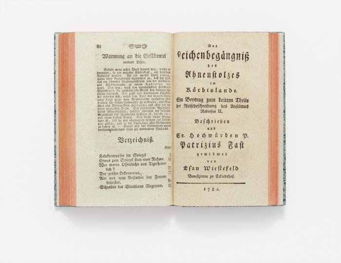 Anselmus Rabiosus Reise nach dem Kürbislande im Jahre 1779 (-1782). (Teil 1:) Nebst einer Predigt an die Freygeisterey- und Religionsprediger. (Teil 4:) Nebst einem Sendschreiben des Landraths Eibel aus dem Reiche der Todten an seinen letzten Beichtvater. 4 Teile in 1 Band.