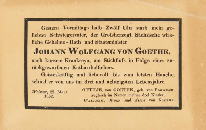 Todesanzeige vom 23. März 1832, im Namen seiner Schwiegertochter Ottilie von Goethe und ihrer drei Kinder Walter, Wolf und Alma.
