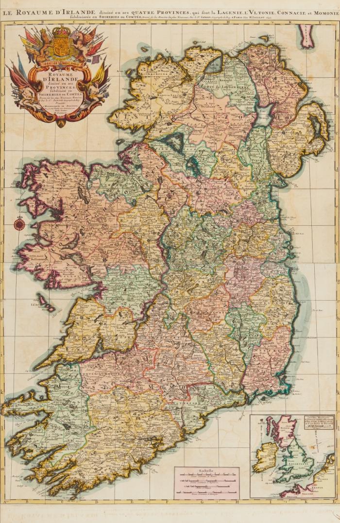 Irland. Le Royaume d'Irlande divisé en ses Provinces, subdivisé en Shireries ou Comtés. Mit großer Wappenkartusche und in kleiner Teilkarte Großbritannien mit der Kanalküste.