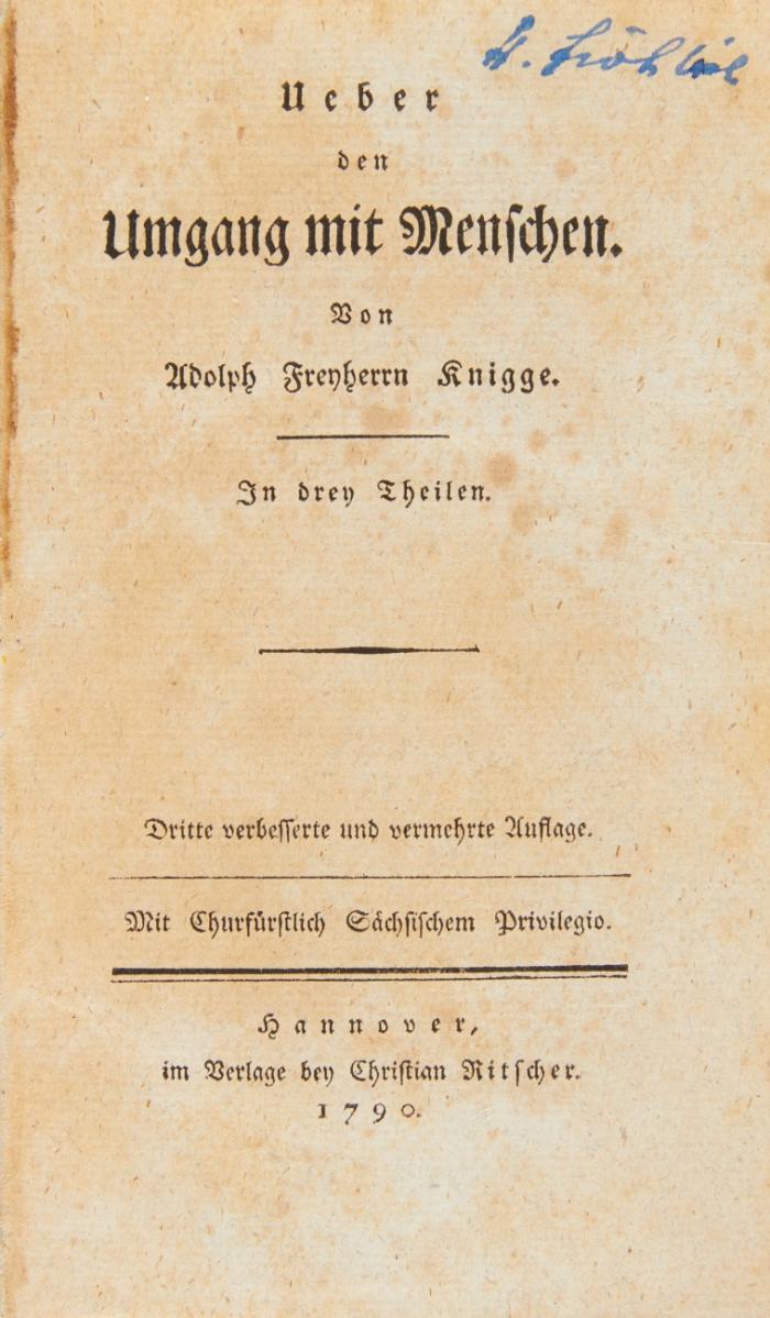 Ueber den Umgang mit Menschen. Dritte verbesserte und vermehrte Auflage. 3 Bde in 1.