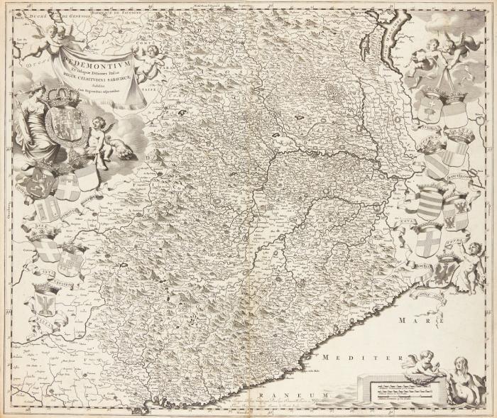 Norditalien. – 4 Kupferstichkarten (dav. 1 koloriert) des 17./18. Jahrhunderts.

1.) Carte Generale de l'Italie Superieure d'après Chauchard en 6 feuilles (Oberitalien), bei Lotter, Augsburg. Von 6 Platten zusammengesetzt. Plattengröße 89,5 x 155 cm.
2.) Exactissima Tabula qua tam Danubii Fluvii Pars Superior ... (Italien nördlich von Rom mit Österreich und Westbalkan), von Nicolaes Visscher.
3.) Pedemontium .. Subdicte (Piemont), von J. de Broen nach G.T. Borgonio, bei J. Blaeu.
4.) Reipublica Genuensis et Ducatus Mediolanensis, Parmensis et Montisferrati Novissima Descriptio (Ligurien, Genua, Mailand, Parma etc.), von Frederick de Wit.