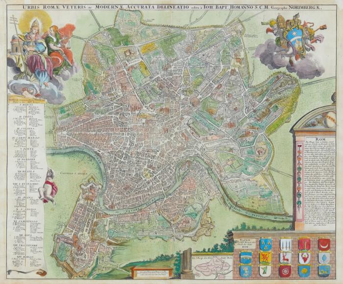 Rom. Urbis Romae Veteris ac Modernae Accurata Delineatio, Plan der Stadt mit Legende, figürlicher und Wappenkartusche.