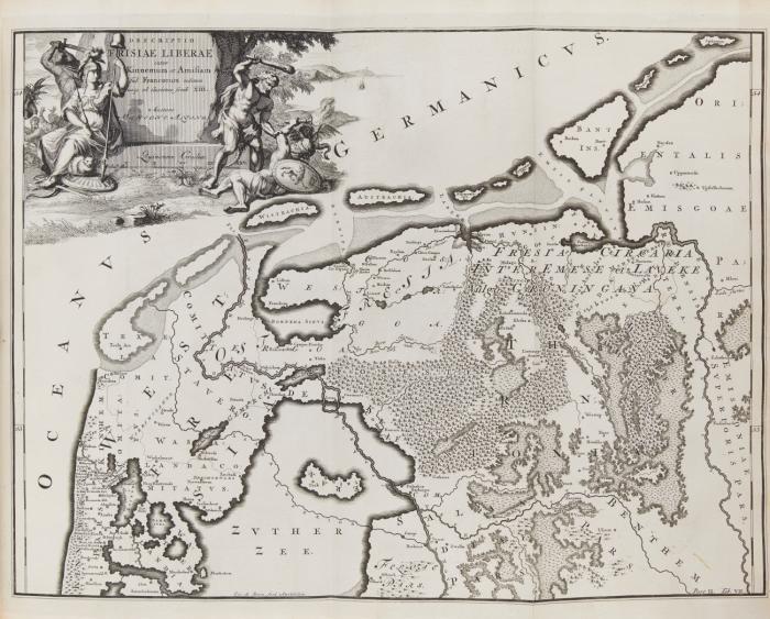 Descriptio, secundum antiquos, agri Batavi & Frisii; una cum conterminis. Sive notitia Germaniae Inferioris, cis & ultra Rhenum; quà hodie est in dicione VII-Foederatorum. Representata tabulis geographicis V. & commentario ...2 Bde in 1. (Bd. II: Descriptio Frisiae inter Scaldis portum veterem & Amisiam, seu inter Sine & Emese).