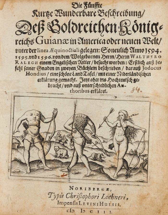 Die Fünffte kurze Wunderbare Beschreibung/ Deß Goldreichen König-reichs Guianae in America oder neuen Welt/ unter der linea Aequinoctiali gelegen: So neulich Anno 1594. 1595. und 1596. von dem Wolgebornen Herrn Walthero Ralegh einem englischen Ritter/ besucht worden.